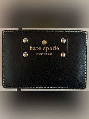 Kate Spade Black Leather Wallet Card Holder with Gold Logo and Silver Studs